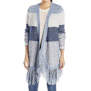 Lucky Brand Blue Wool Blend Fringe Longline Open Front Cardigan l